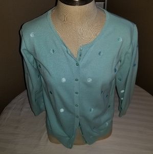 Aqua cotton cardigan with smooth knit polka dots.